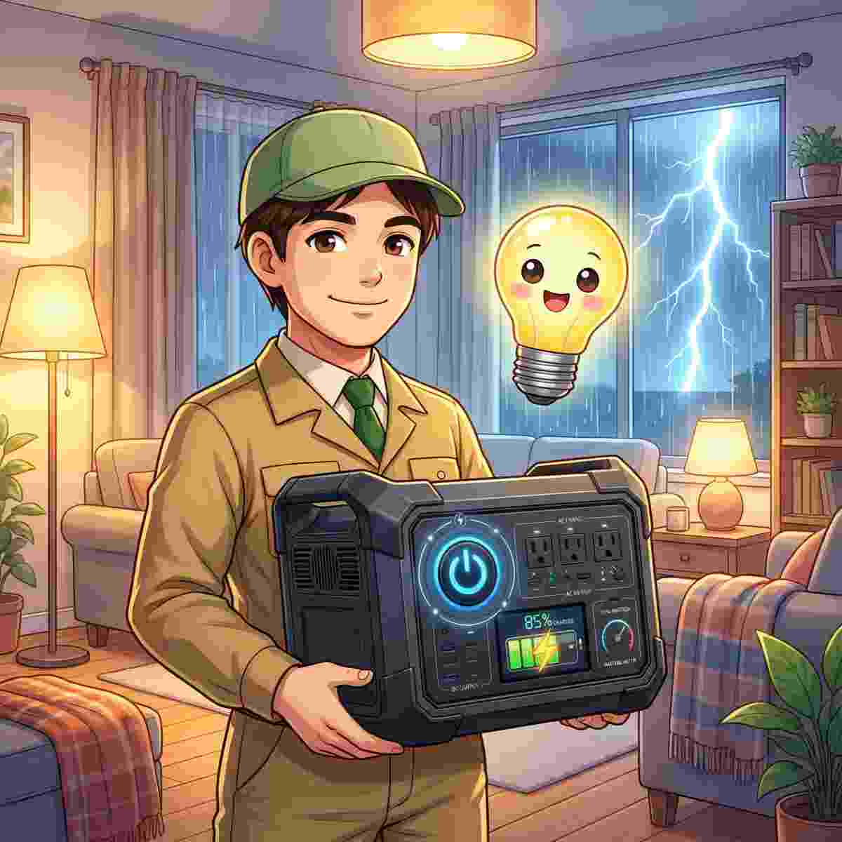 男性が室内でポータブル電源を抱え、窓の外の嵐をよそに明るい部屋で安心した笑顔を見せ、かわいい電球マスコットが浮かぶアニメ風イラスト
