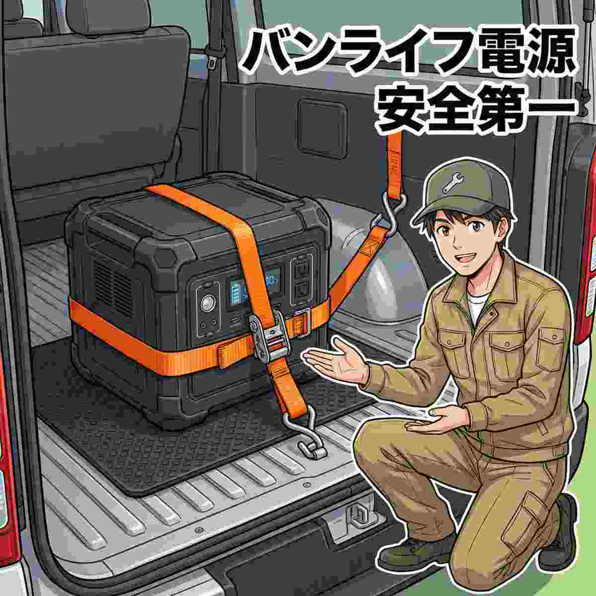 ポータブル電源をオレンジ色のラチェットストラップで車のシートフレームにしっかりと固定している様子。ジンデンが固定方法を説明している。