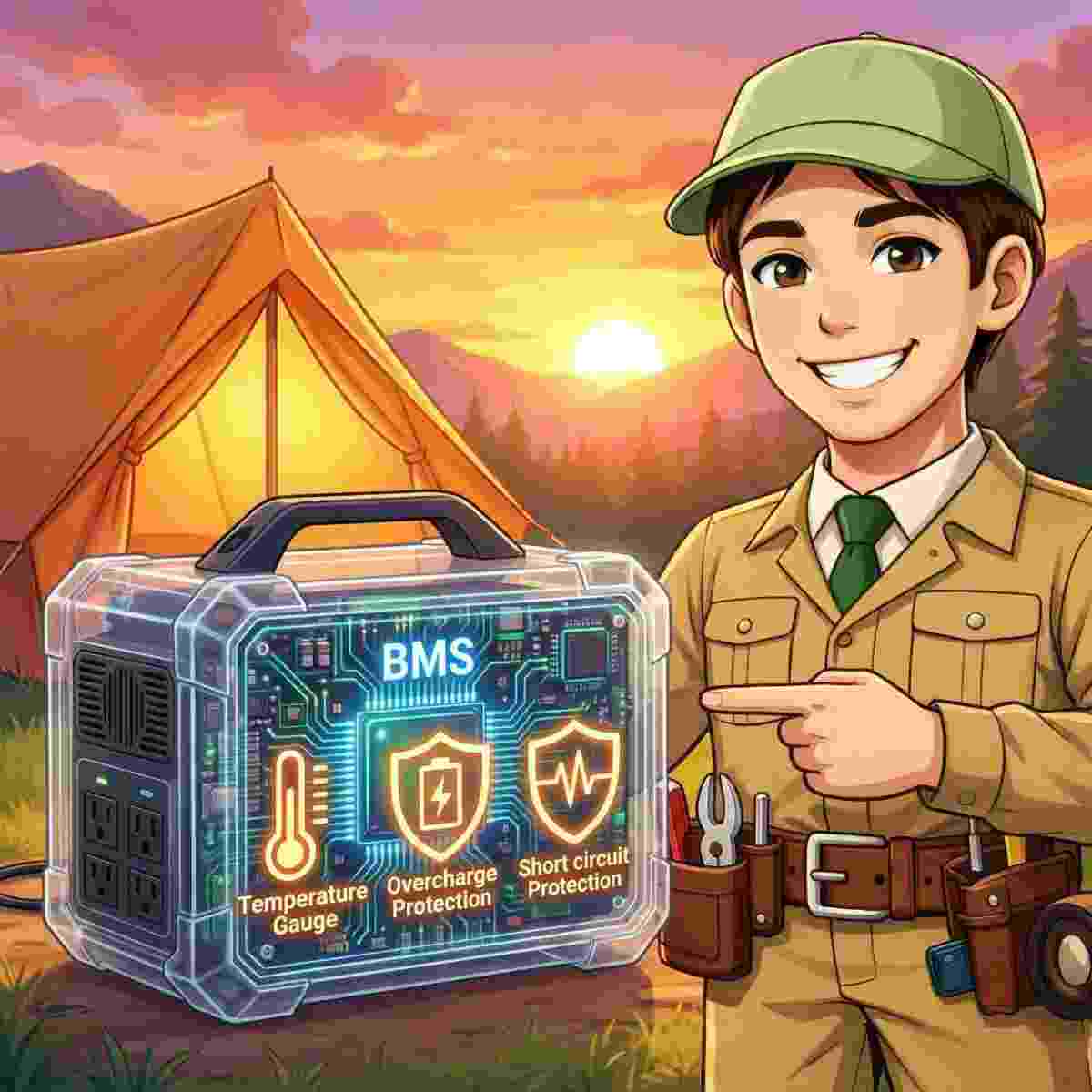 男性が透明なポータブル電源の内部に光るBMS回路基板と過充電・短絡保護アイコンを指さすアニメ風イラスト