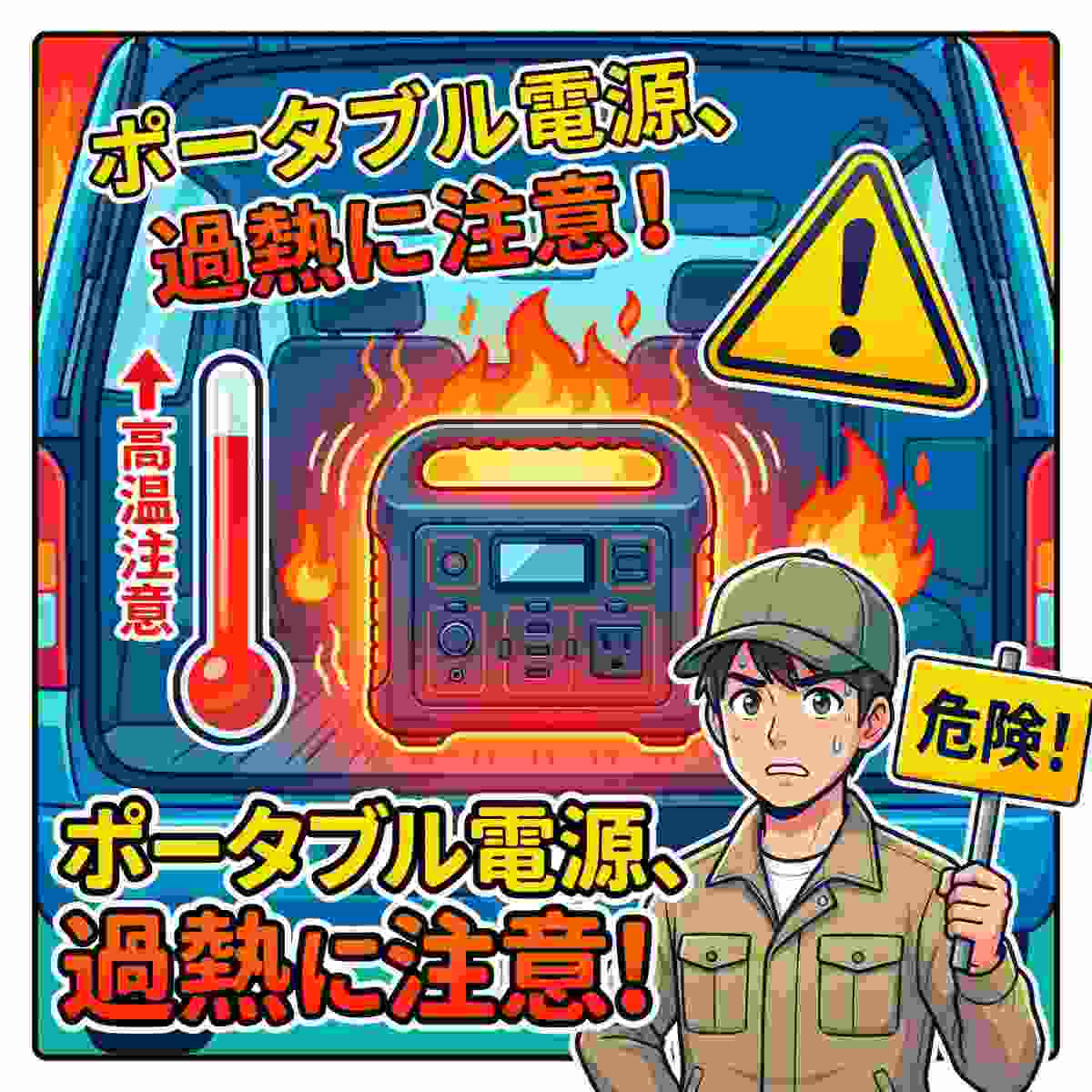 ポータブル電源が高温になり、赤い温度計と警告マークが表示されている様子。ジンデンが焦った表情で注意を促している。