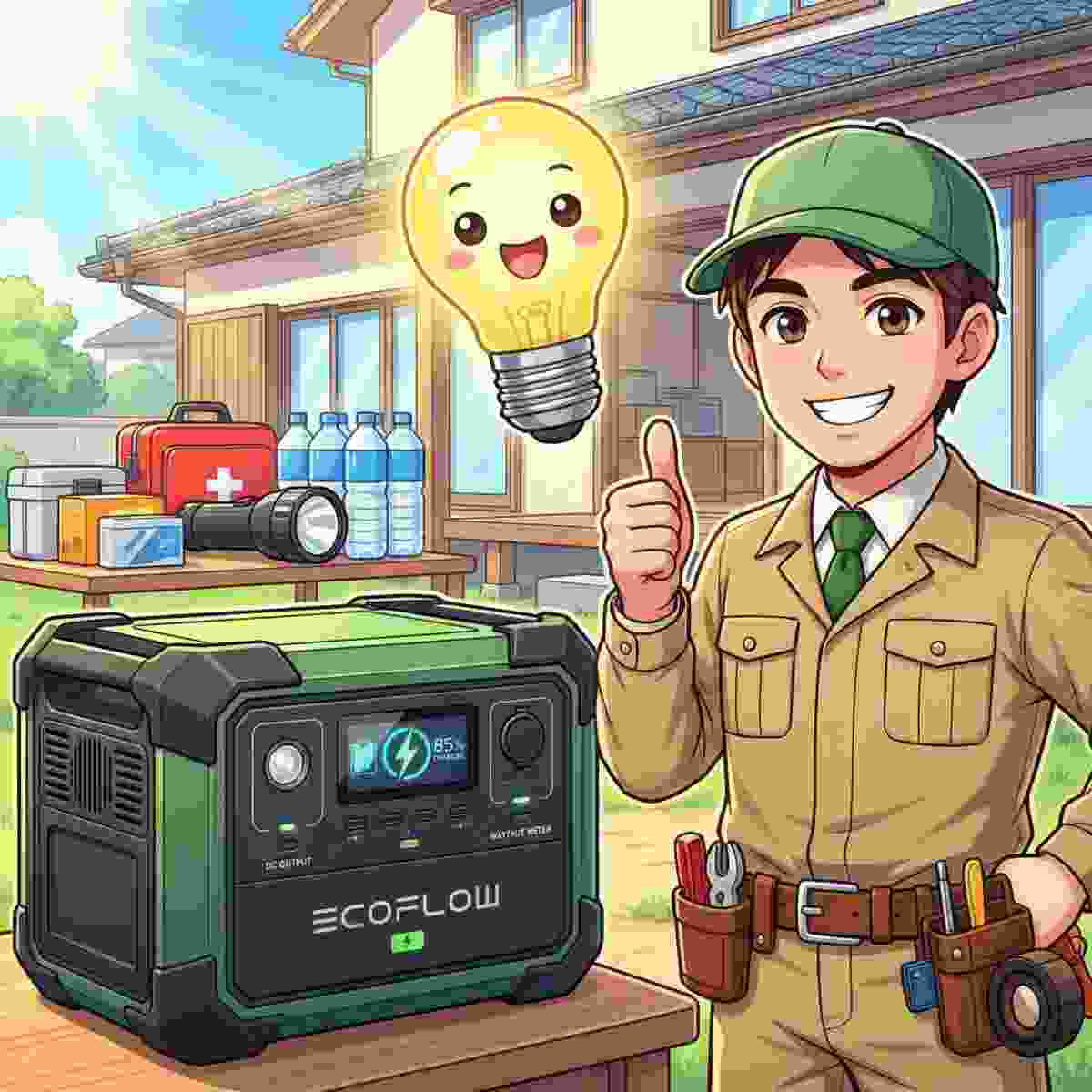 男性が防災グッズの並ぶ屋外でEcoFlowスタイルの黒緑ポータブル電源の前でサムズアップし、かわいい電球マスコットが輝くアニメ風イラスト