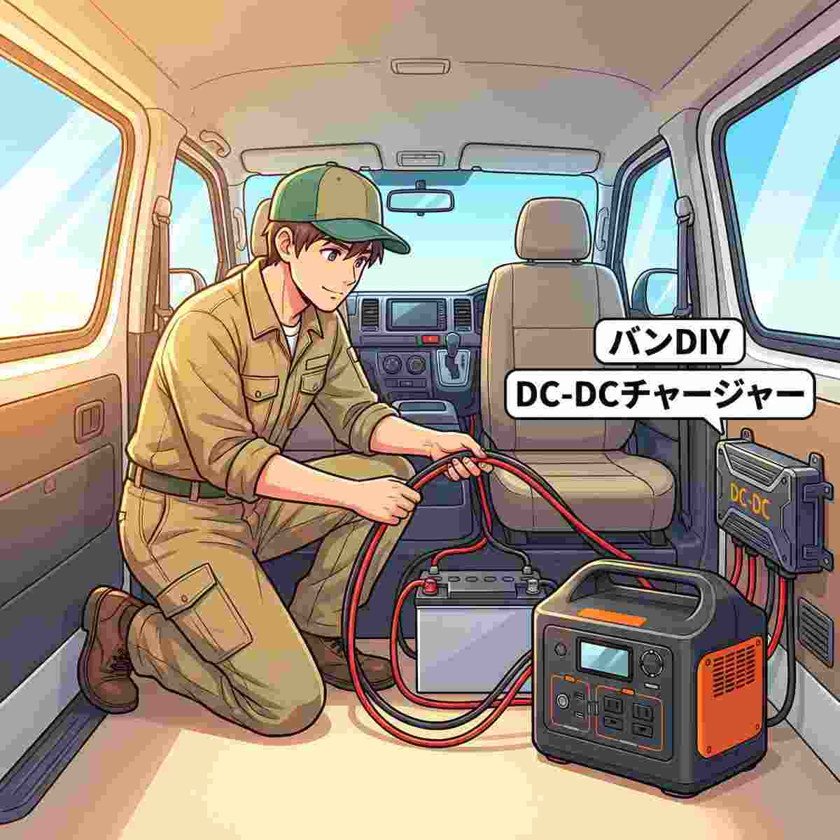 ハイエースの助手席下にあるメインバッテリーから、DC-DCチャージャーを経由してポータブル電源へケーブルを配線している様子。