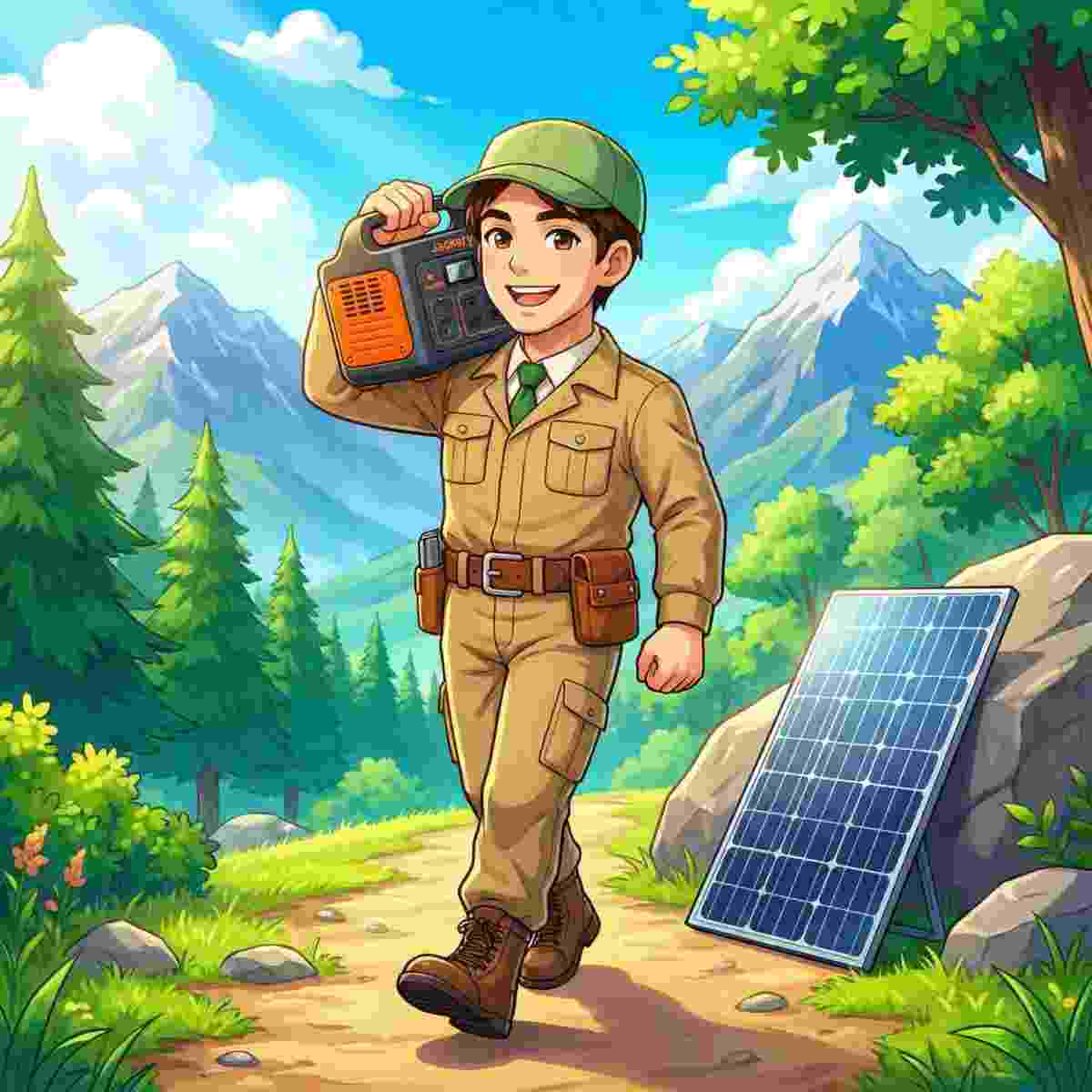 男性が山岳トレイルでJackeryスタイルのオレンジ色コンパクトポータブル電源を片手で肩に担ぎ、岩にソーラーパネルが立てかけられたアニメ風イラスト