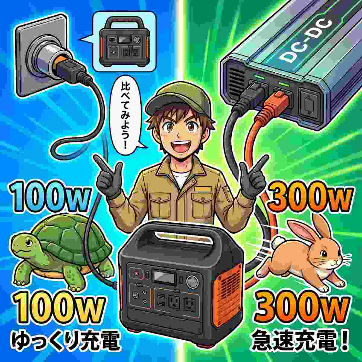 シガーソケット充電（100W・亀のアイコン）とDC-DCチャージャー充電（300W・うさぎのアイコン）の速度比較イラスト。ジンデンが両者を比較して説明している。