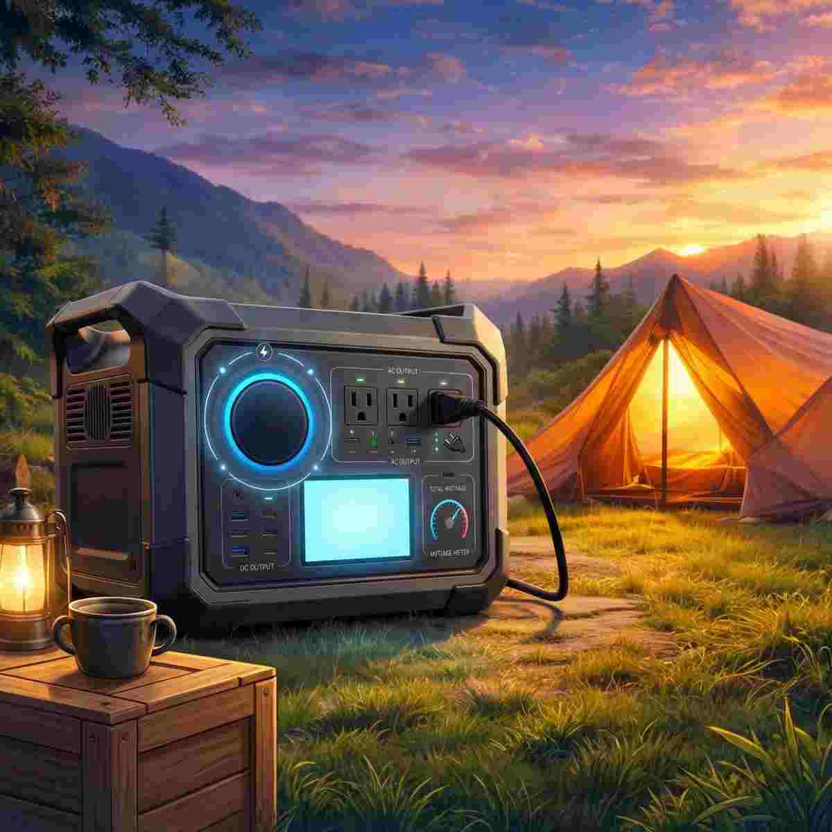 キャンプサイトの夕暮れに大型ポータブル電源が輝くLCDディスプレイとともに置かれ、テントが背景に光るアニメ風イラスト