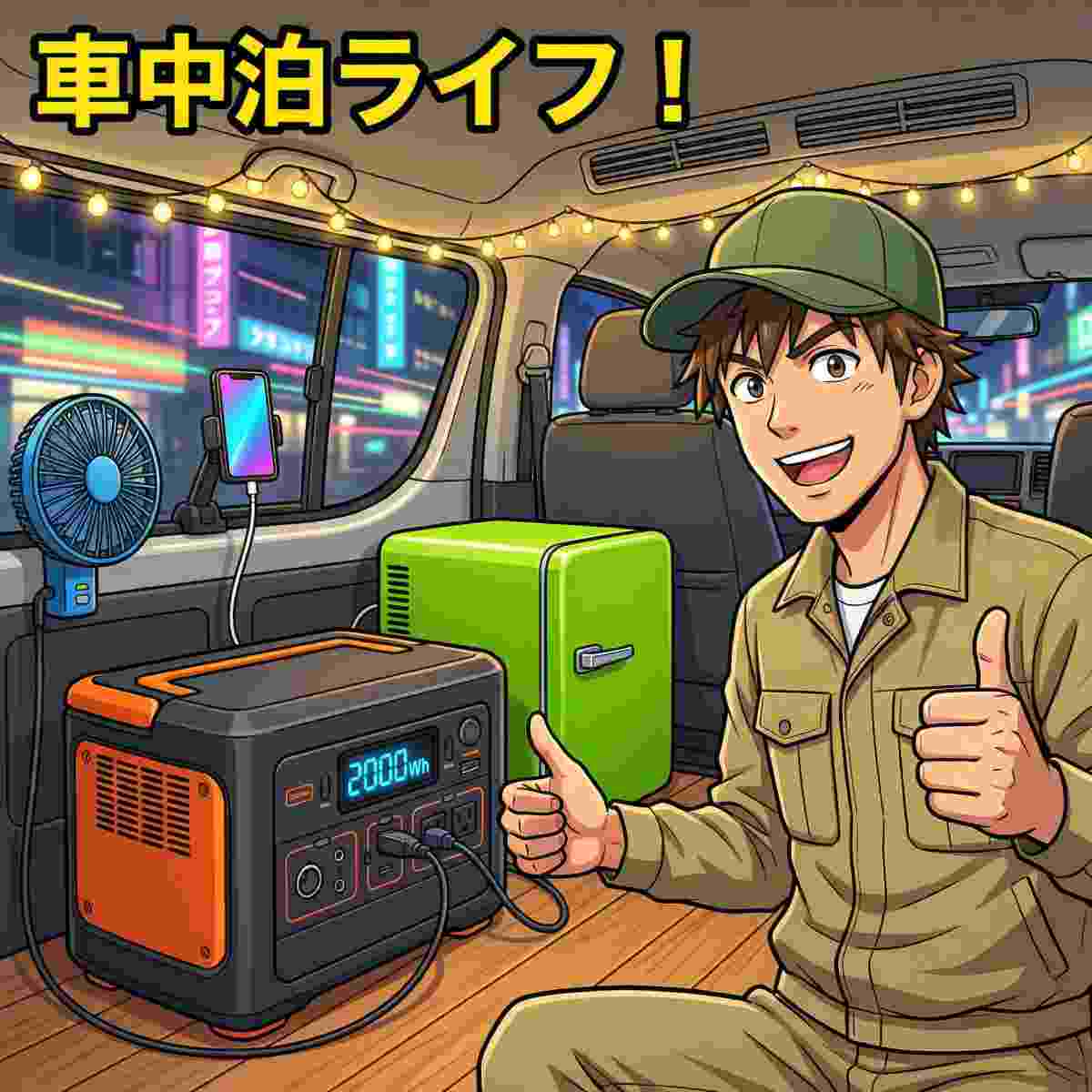 夜のハイエース車内で、2000Whの大容量ポータブル電源に車載冷蔵庫・LED照明・スマートフォン・扇風機が接続されている様子。