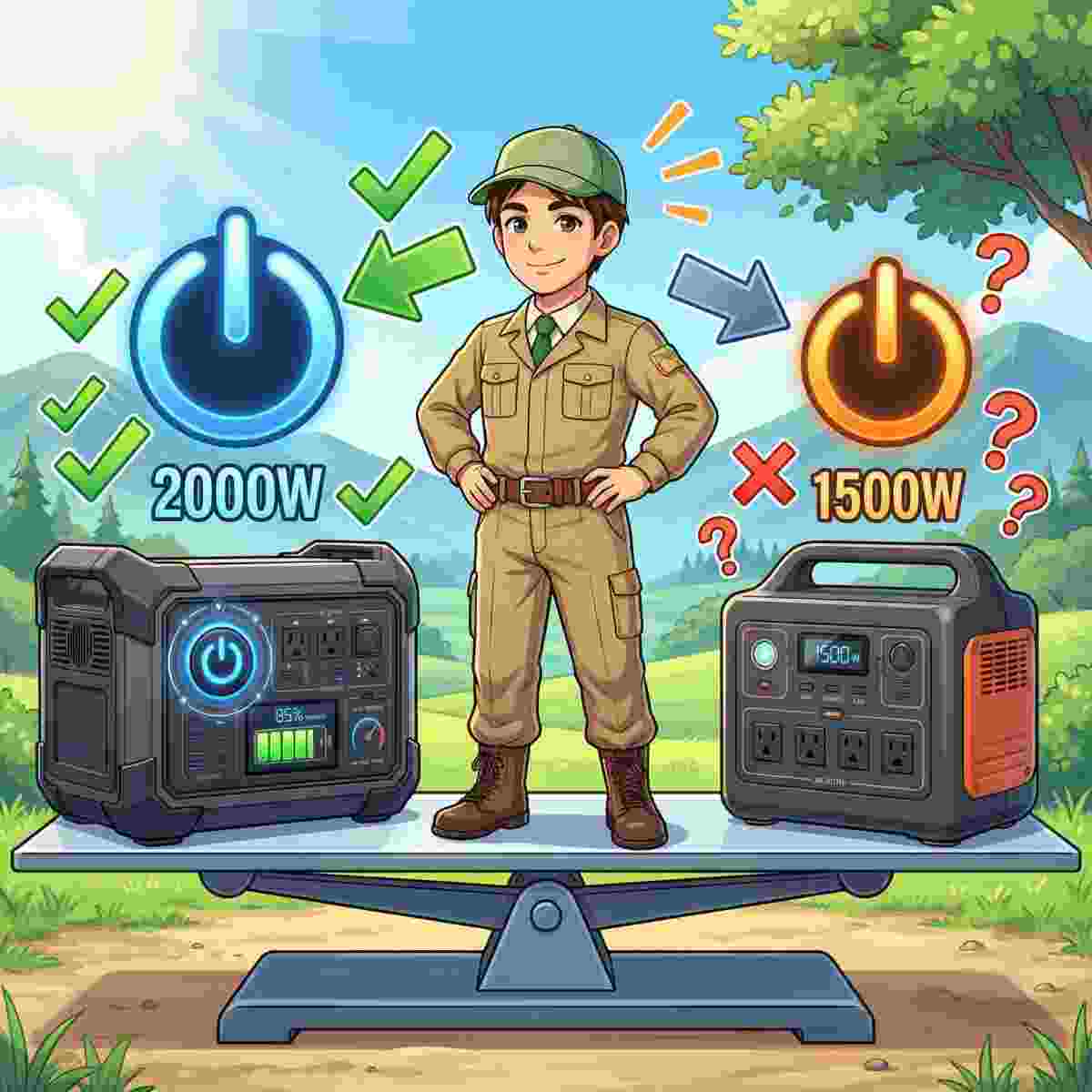 男性がシーソー天秤の上に立ち、左に2000Wの大型ポータブル電源、右に1500Wのポータブル電源を乗せて比較するアニメ風イラスト