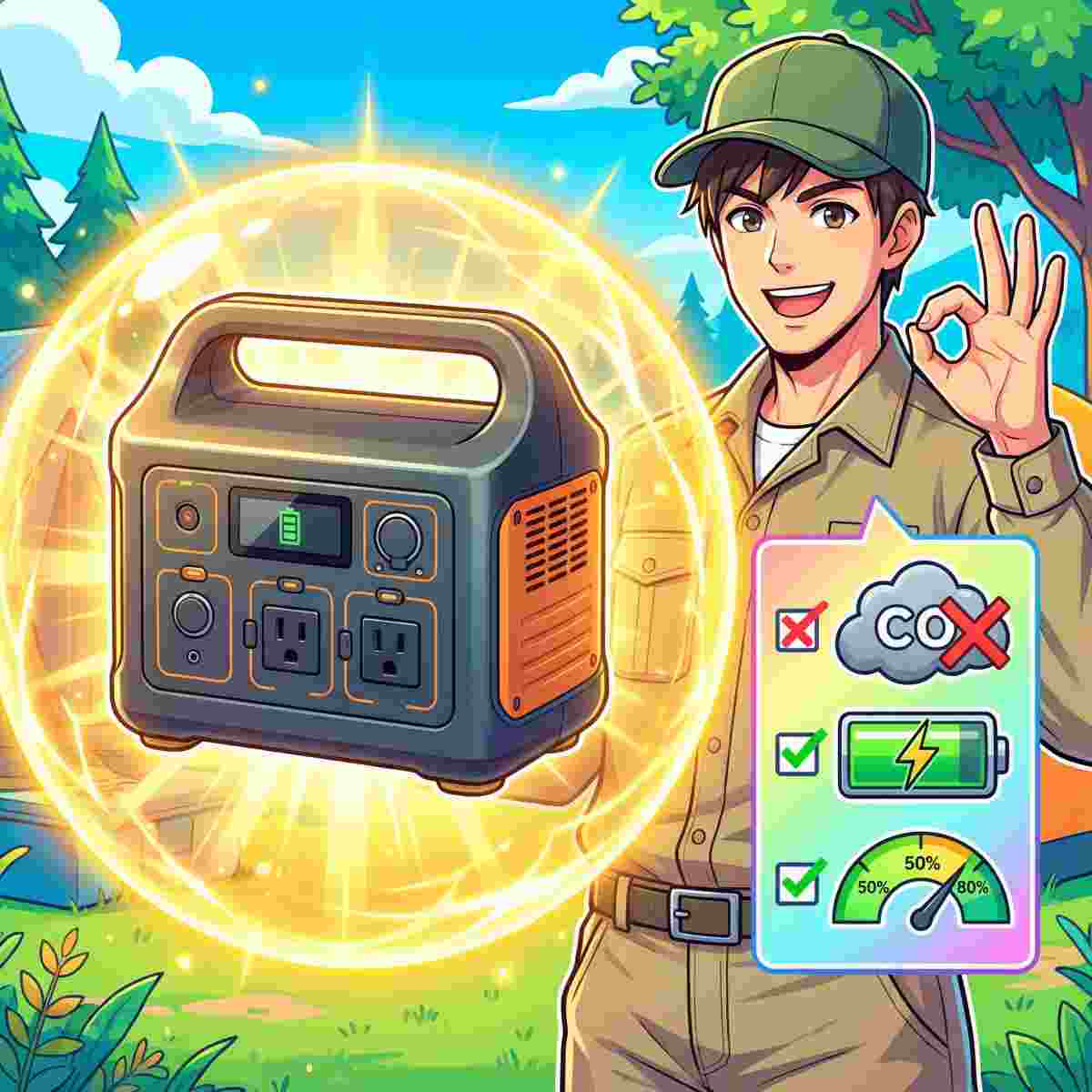 ポータブル電源の安全対策チェックリスト。一酸化炭素が出ないこと、保護回路、50〜80%での適切な保管状態を示すアイコンと、OKサインを出すジンデン。