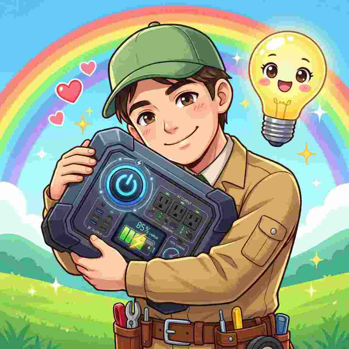男性がポータブル電源を大切そうに抱きしめ、虹を背景にかわいい電球マスコットとともに笑顔で立つアニメ風イラスト
