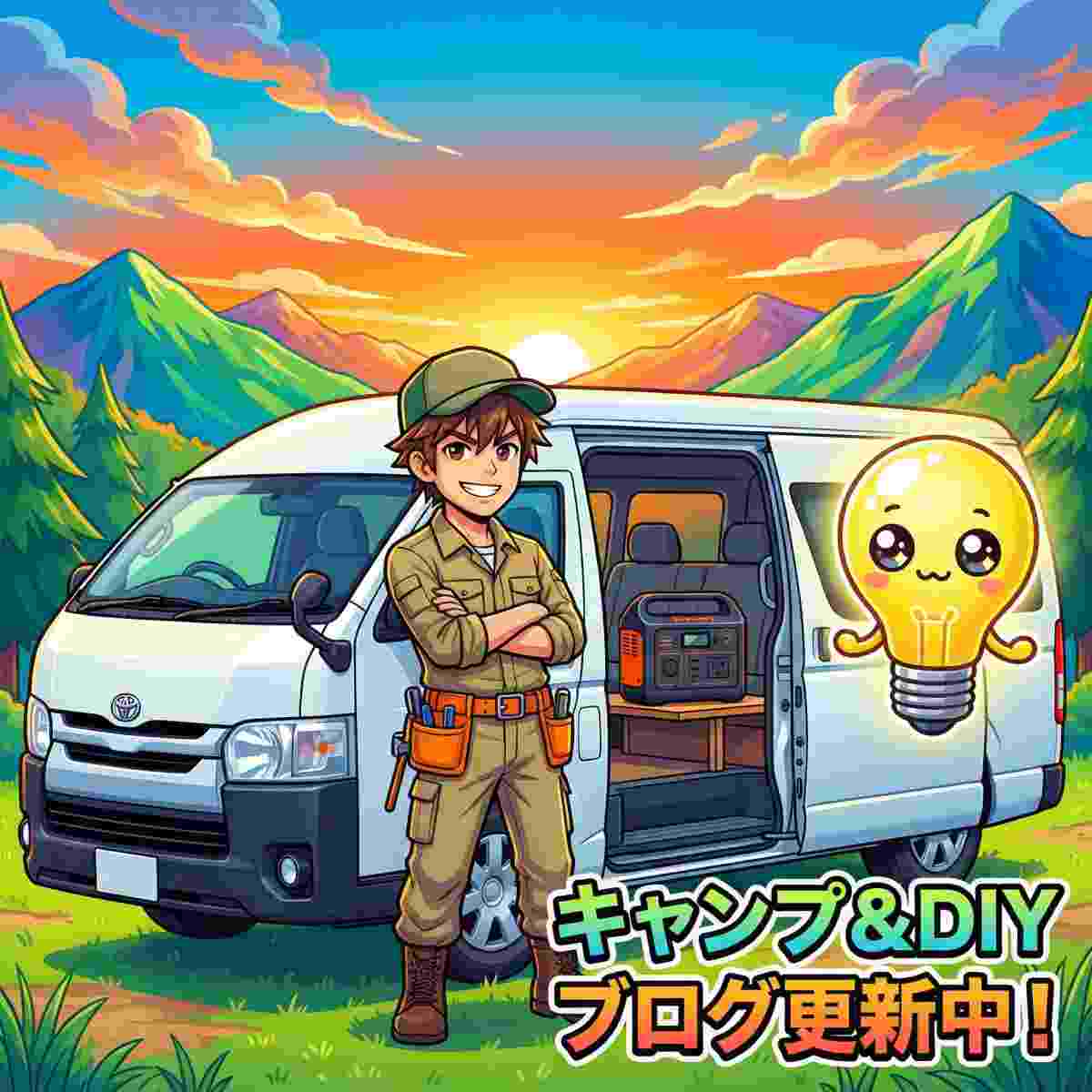 夕焼けのキャンプ場に停めたハイエース。サイドドアからポータブル電源が見え、ジンデンと電球のキャラクターが自信満々に立っている様子。