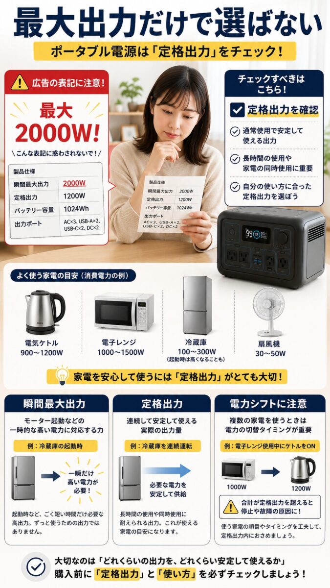 ポータブル電源の最大出力と定格出力の違いを確認する画像