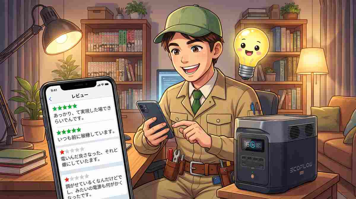 alt="スマートフォンでEcoFlowの星評価レビューを確認する電気工事士キャラクター。画面にはポジティブ・ネガティブ両方の口コミが表示されている"
