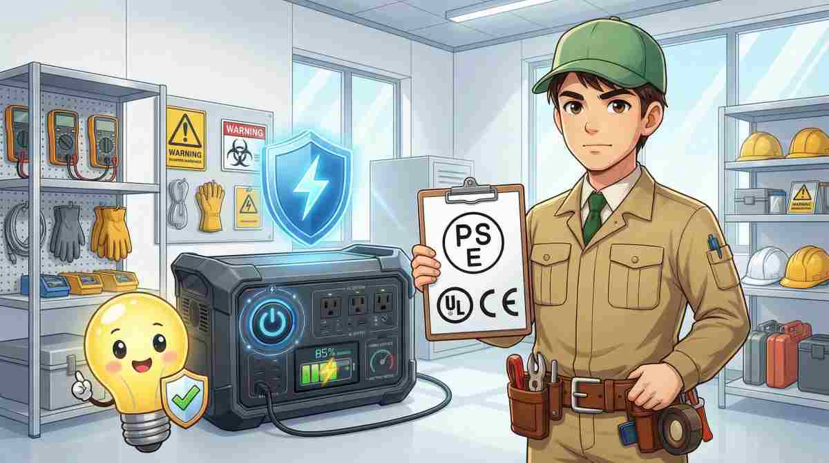 alt="PSE・UL・CE安全認証マークが記載されたクリップボードを持つ電気工事士キャラクターと、保護シールドアイコンが表示されたEcoFlowポータブル電源"

