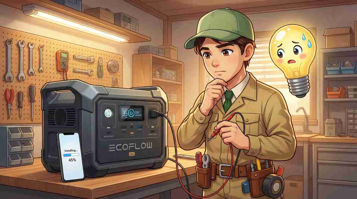 alt="テスターでEcoFlowポータブル電源を診断する電気工事士キャラクター。横にはファームウェアアップデート中のスマートフォンが置かれている"
