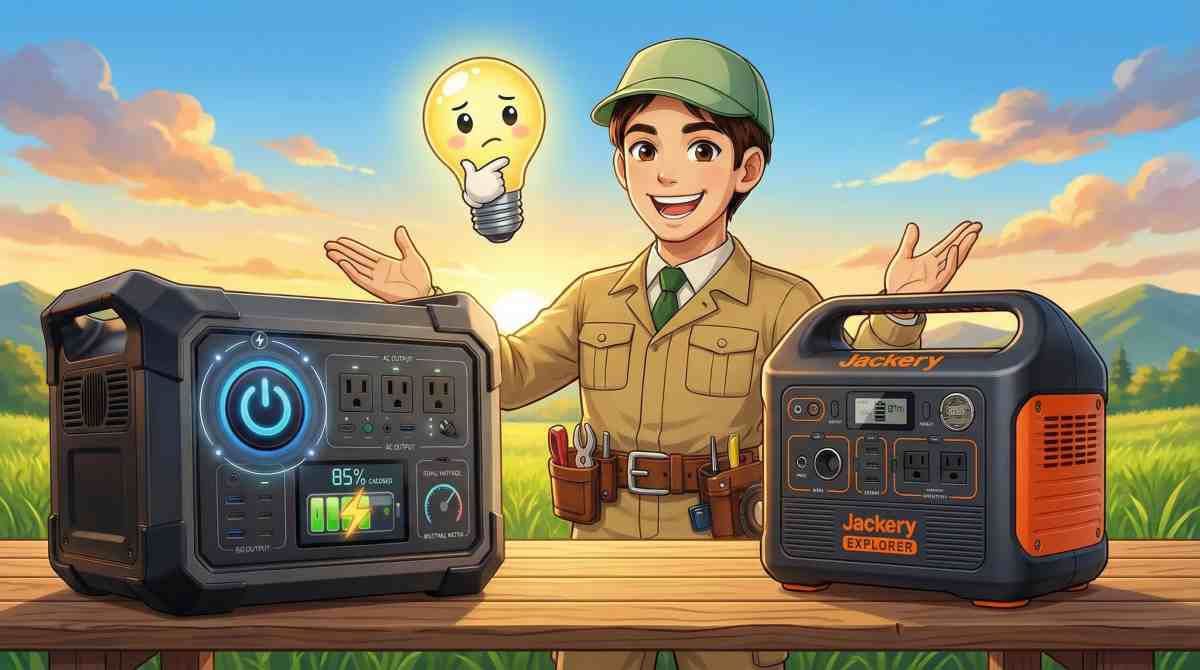 alt="EcoFlow DELTA 3とJackery Explorerを両手で紹介する電気工事士キャラクター。2製品を並べて比較している屋外シーン"
