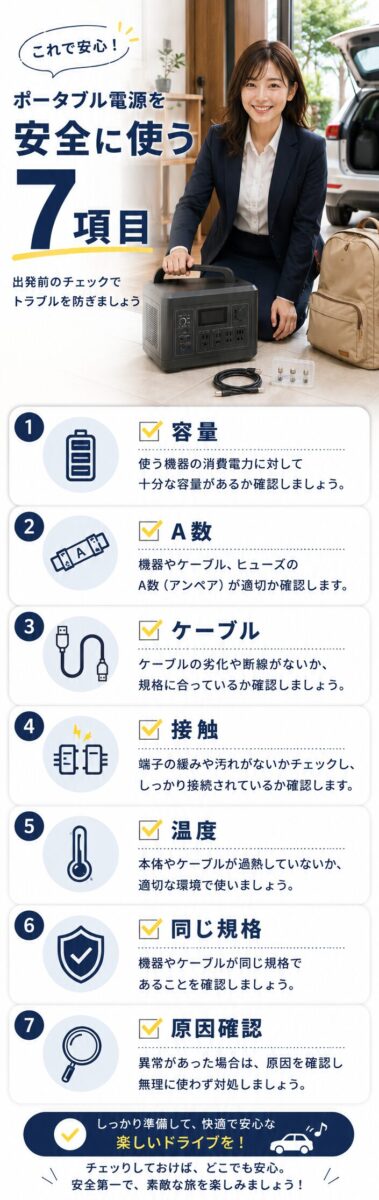 ポータブル電源のヒューズトラブルを防ぐ7項目をまとめた画像