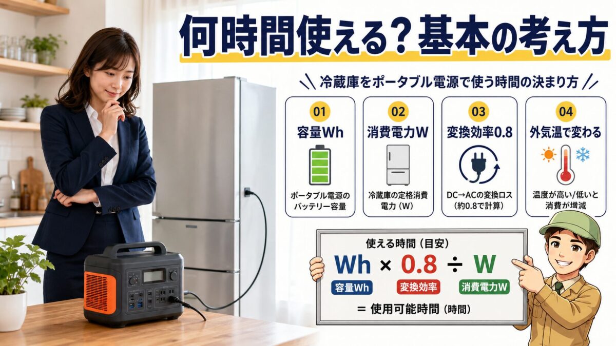 ポータブル電源で冷蔵庫を何時間使えるかを決める基本要素を示した画像