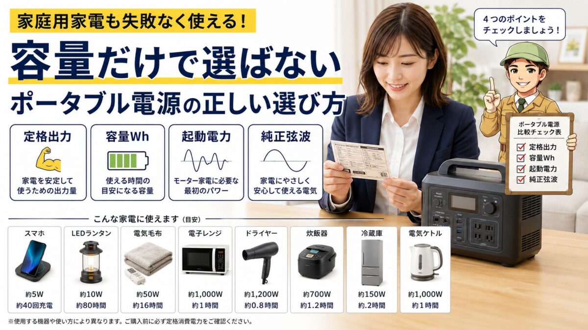 ポータブル電源家電を選ぶ前に定格出力や容量を確認する画像