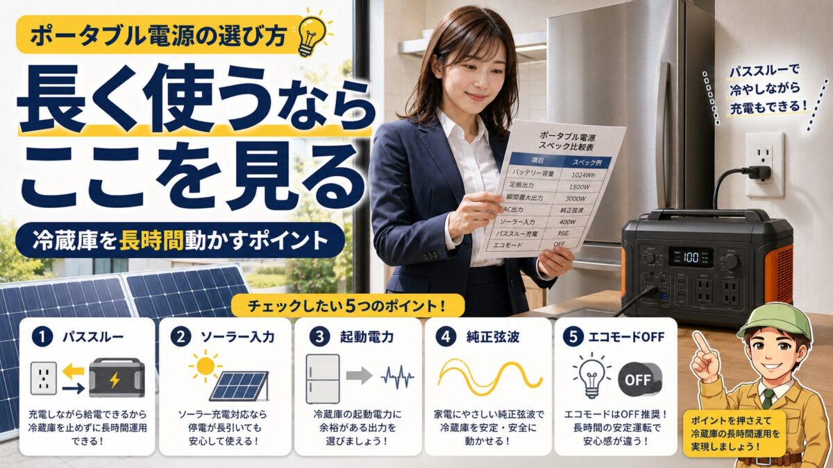 冷蔵庫を長時間使うためのポータブル電源選びの重要ポイントをまとめた画像