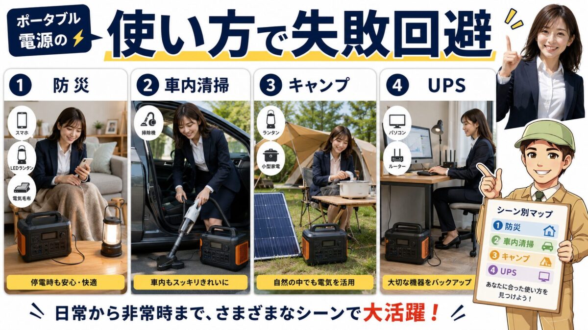 ポータブル電源家電を防災や車中泊など用途別に活用する画像