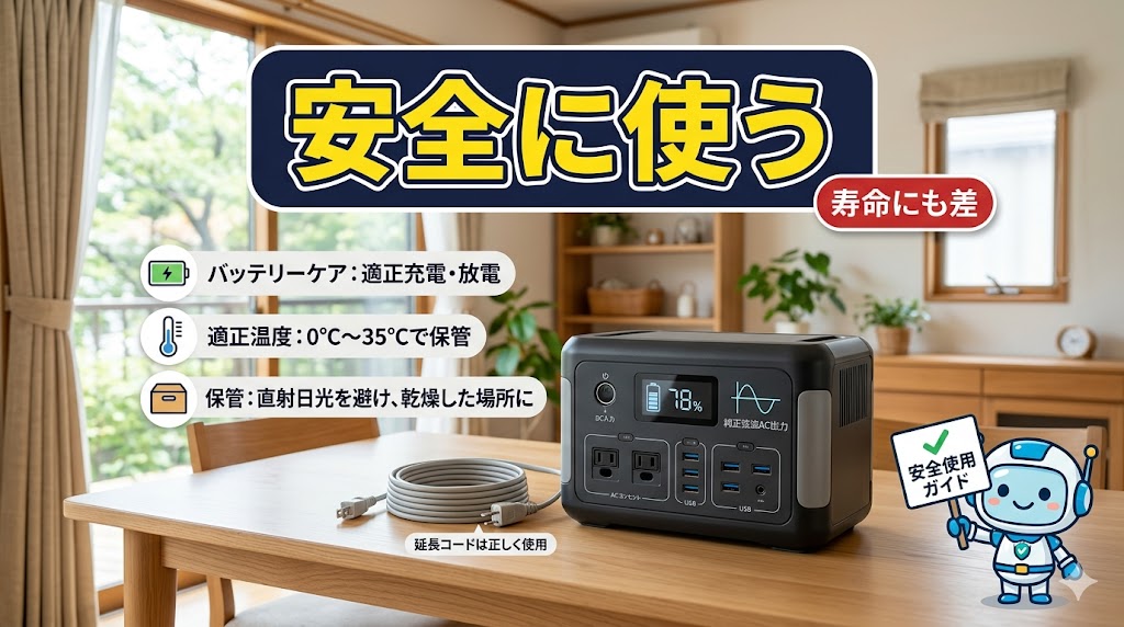 ポータブル電源を安全に長く使うための注意点を示すトップページ用画像