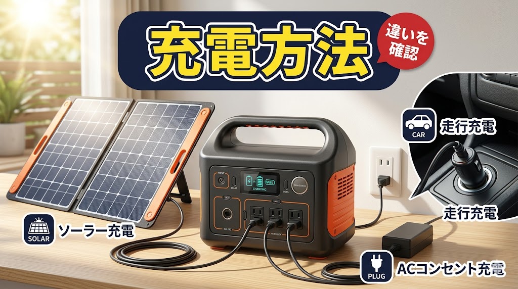 ポータブル電源のソーラー充電と走行充電を示すトップページ用画像