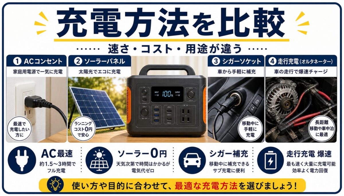 AC・ソーラー・シガーソケット・走行充電の違いを比較した画像