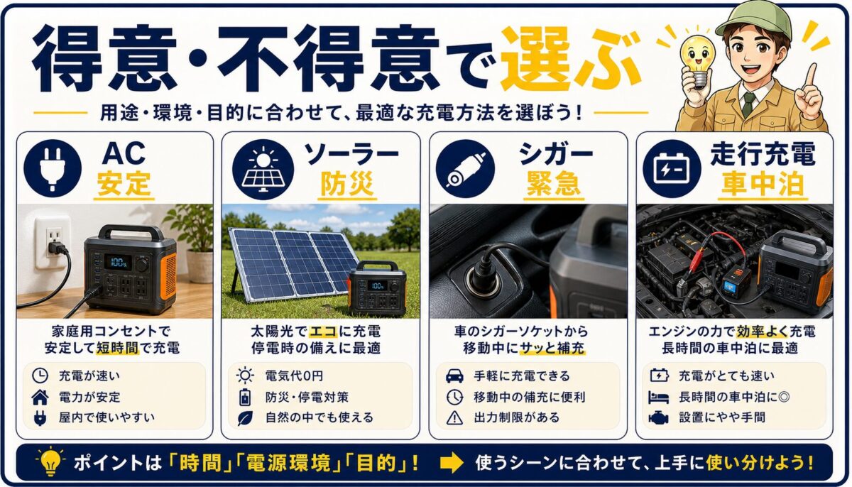4つの充電方法の得意不得意を整理した比較画像