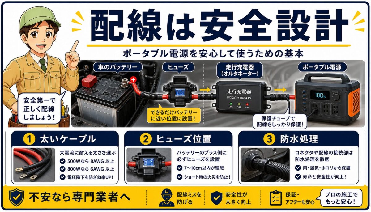 オルタネーターチャージャーの安全な取り付けと配線の全体像を示した画像