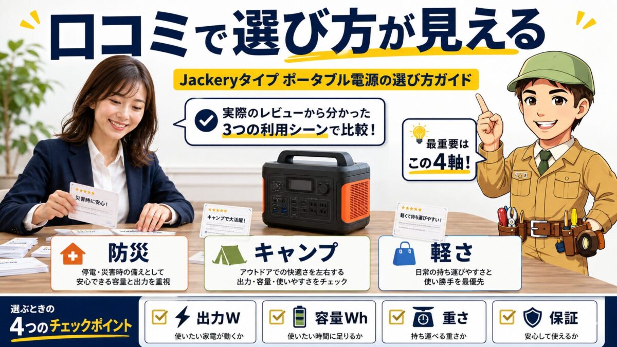 口コミからJackeryポータブル電源の選び方を用途別に整理した画像