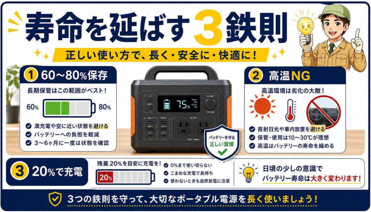 ポータブル電源の寿命を延ばす3つの充電ルールを示した画像