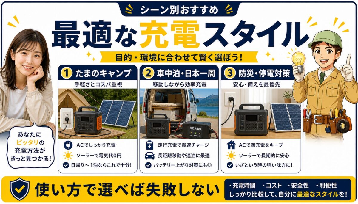 キャンプ・車中泊・防災別に最適な充電スタイルを示した画像
