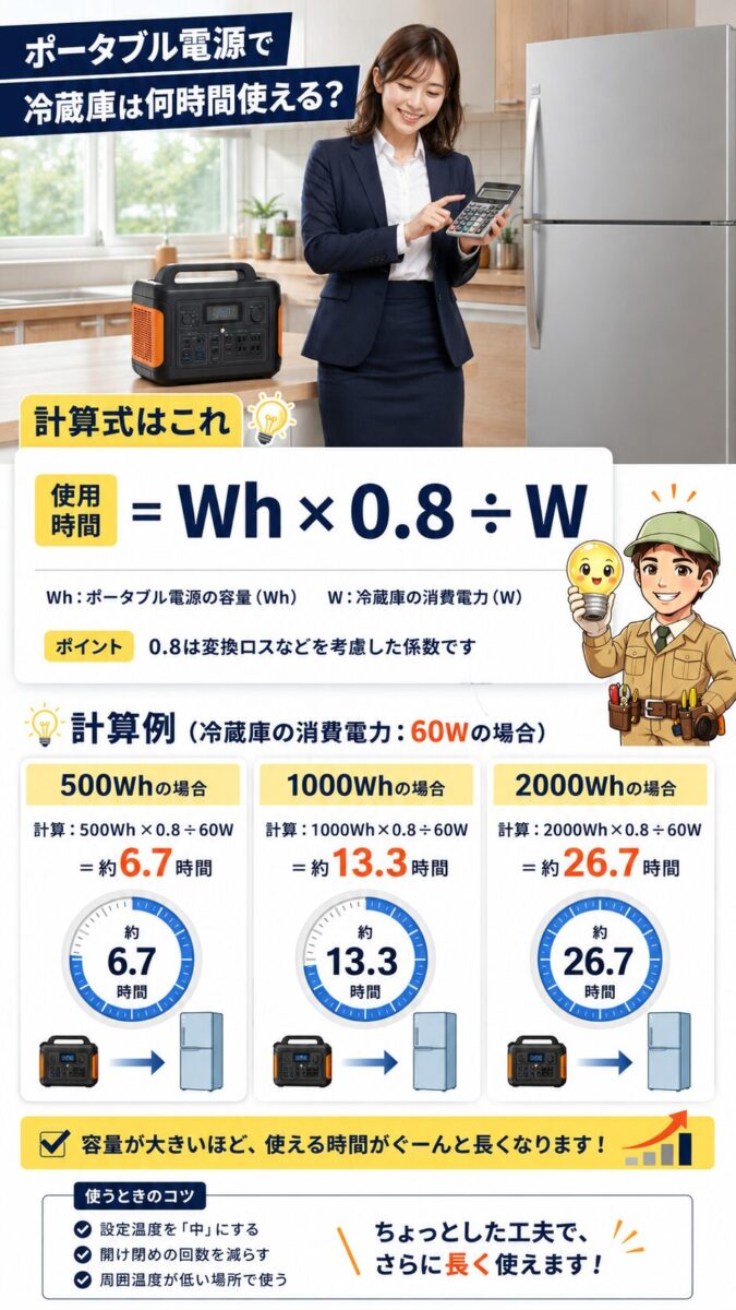 ポータブル電源容量から冷蔵庫の稼働時間を計算する方法を示した画像