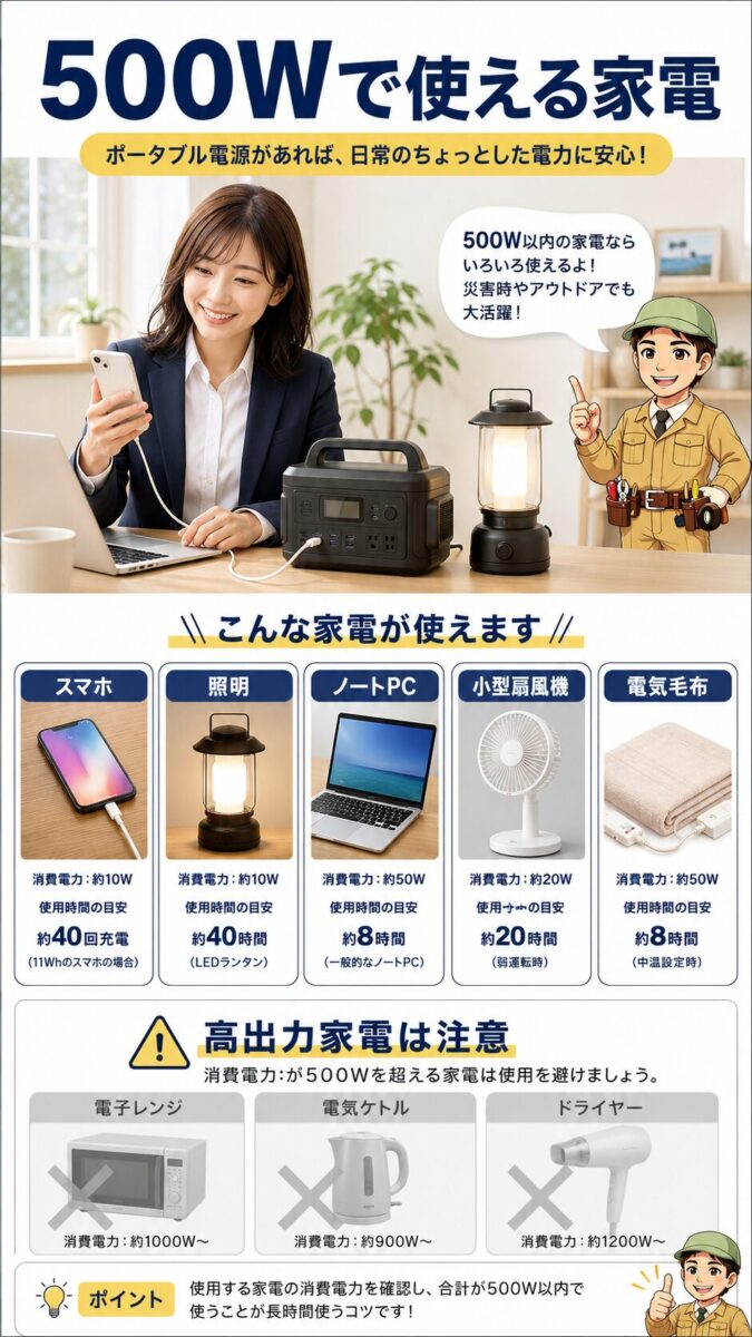 500Wクラスのポータブル電源で使いやすい低電力家電を示した画像