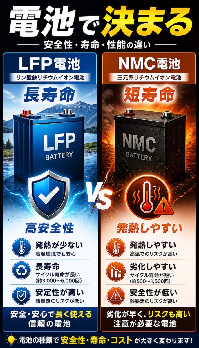 LFP電池とNMC電池の寿命や安全性の違いを比較したポータブル電源の図解