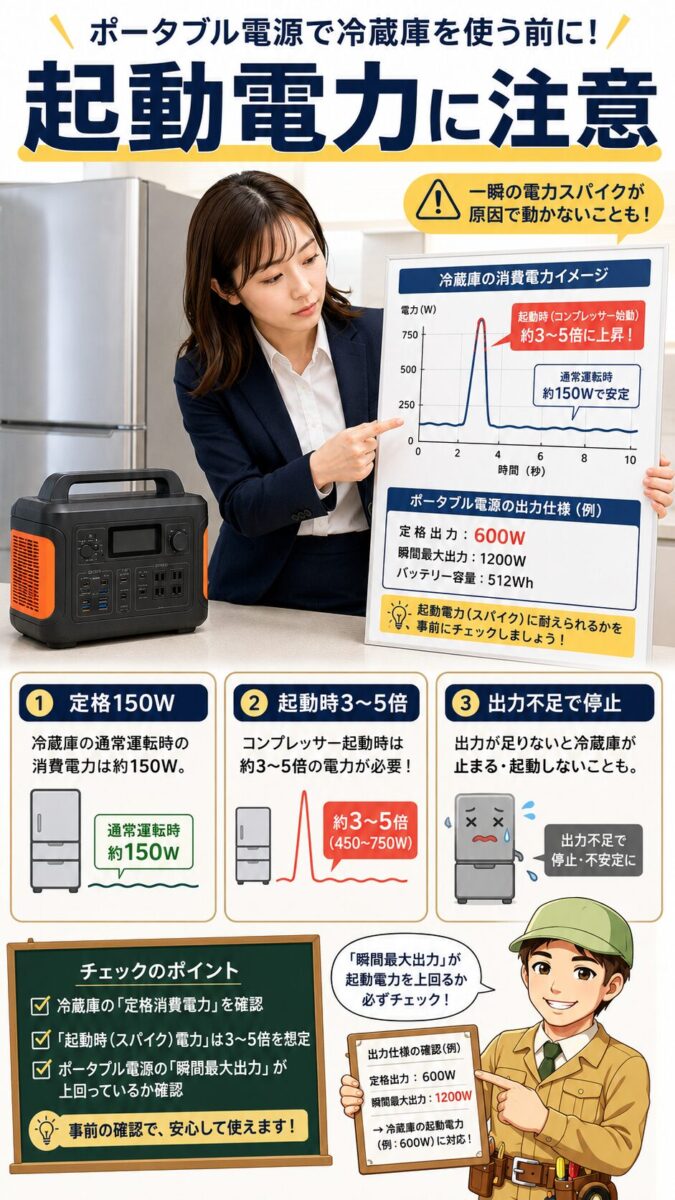 冷蔵庫の起動電力とポータブル電源の定格出力を確認する重要性を示した画像