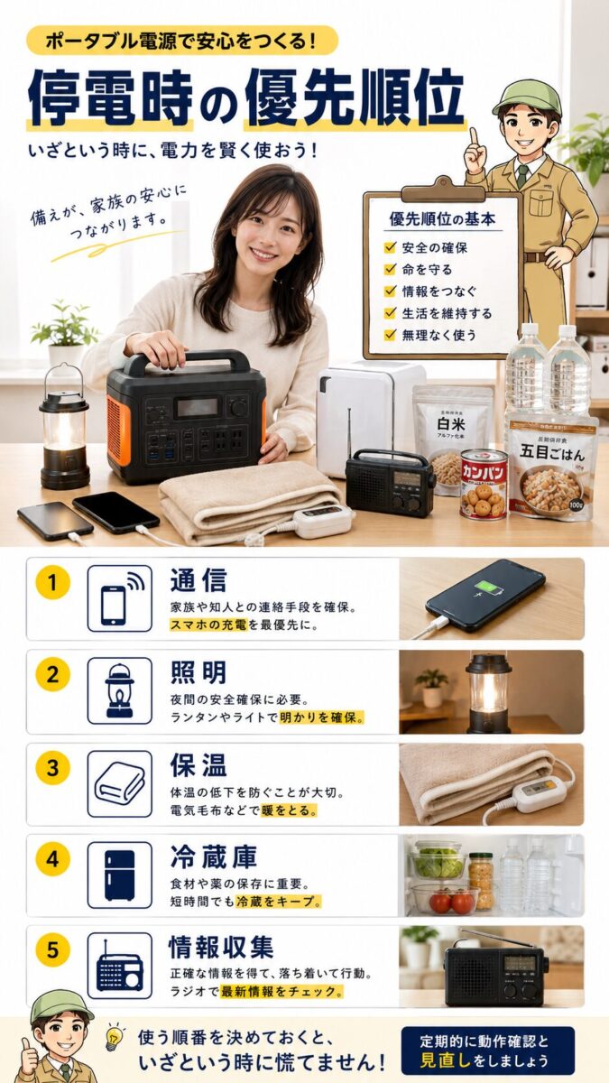 防災や停電対策で優先したいポータブル電源家電を示した画像