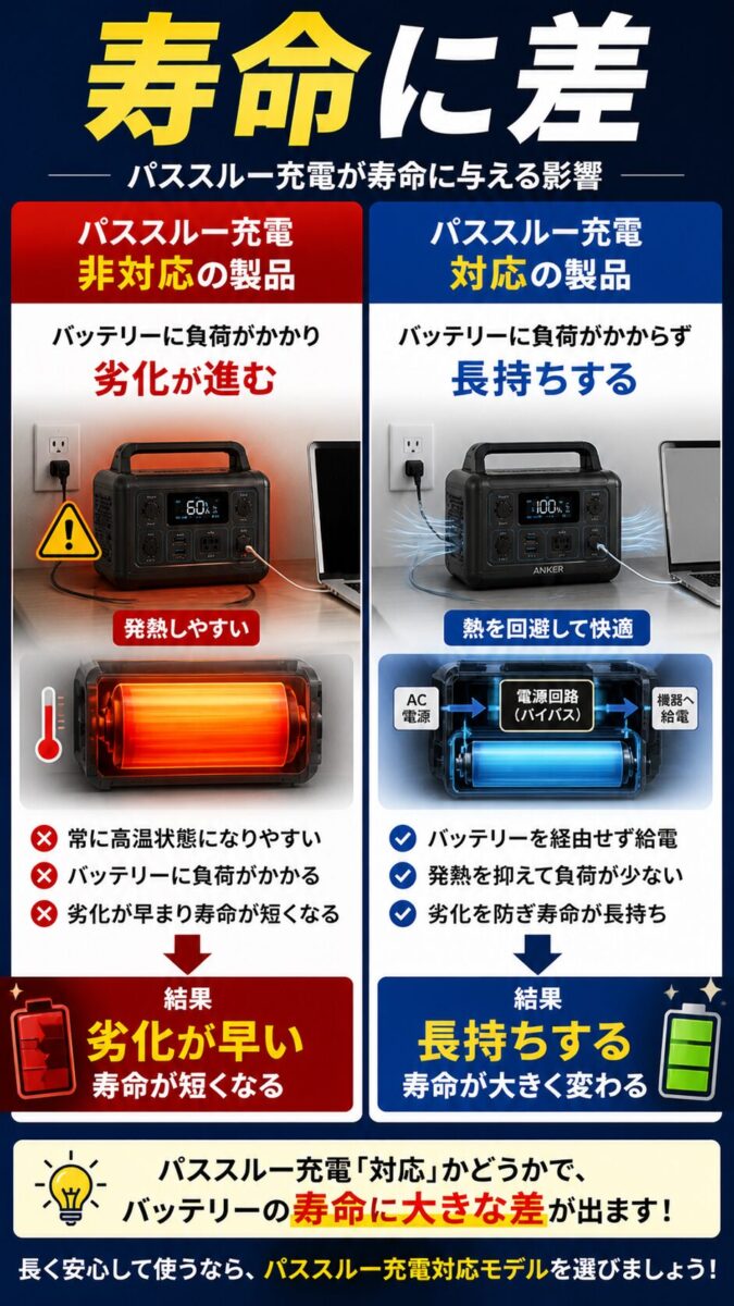 パススルー充電による劣化と長持ちする使い方の違いを比較した図解
