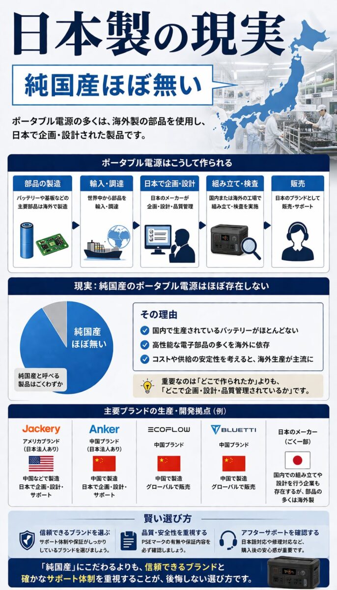 ポータブル電源の純国産はほぼ無く、部品は海外製が主流。