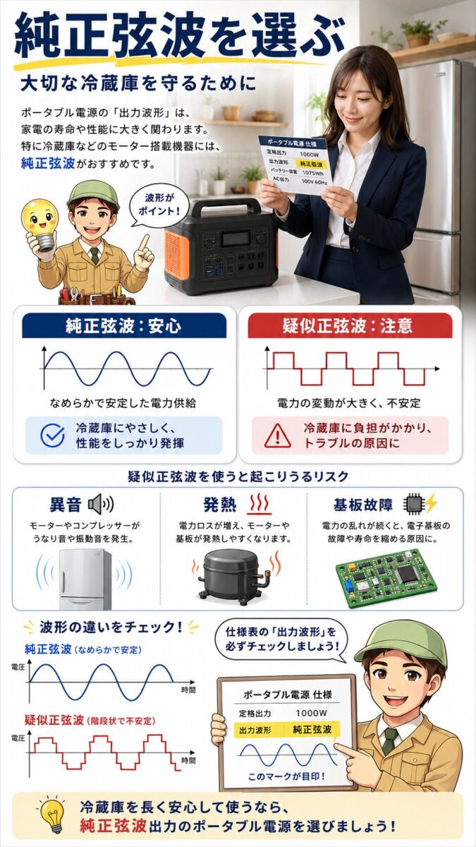 冷蔵庫には純正弦波出力のポータブル電源を選ぶ理由を示した画像