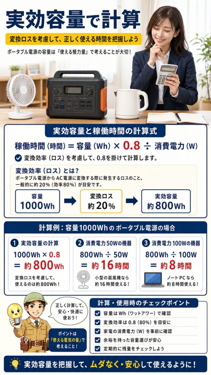 ポータブル電源の実効容量と稼働時間の計算方法を示した画像