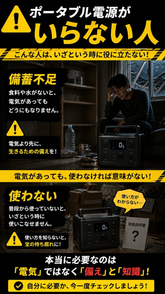 備蓄不足や使い方を知らない場合はポータブル電源が役に立ちにくいことを警告する画像