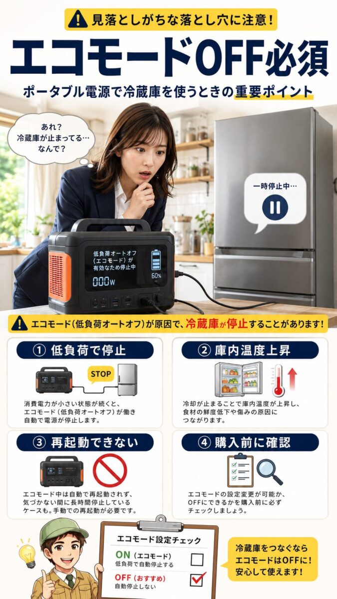 ポータブル電源のエコモードで冷蔵庫が止まるリスクを示した画像