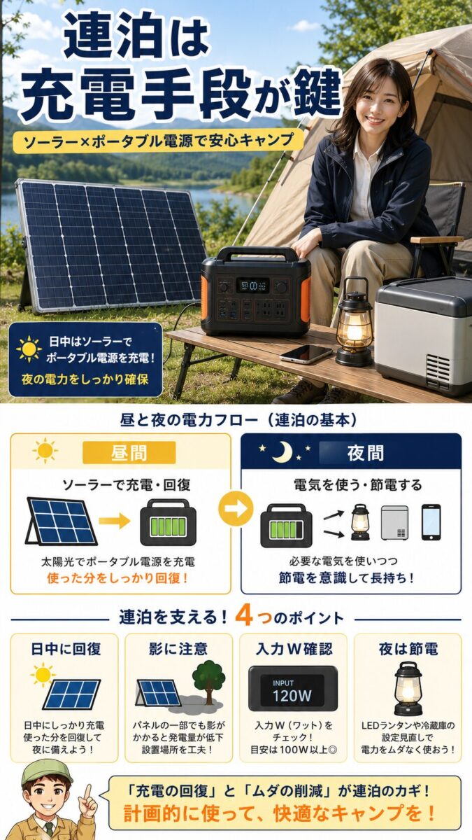 ソーラーパネルとポータブル電源で連泊キャンプの電源を維持する画像