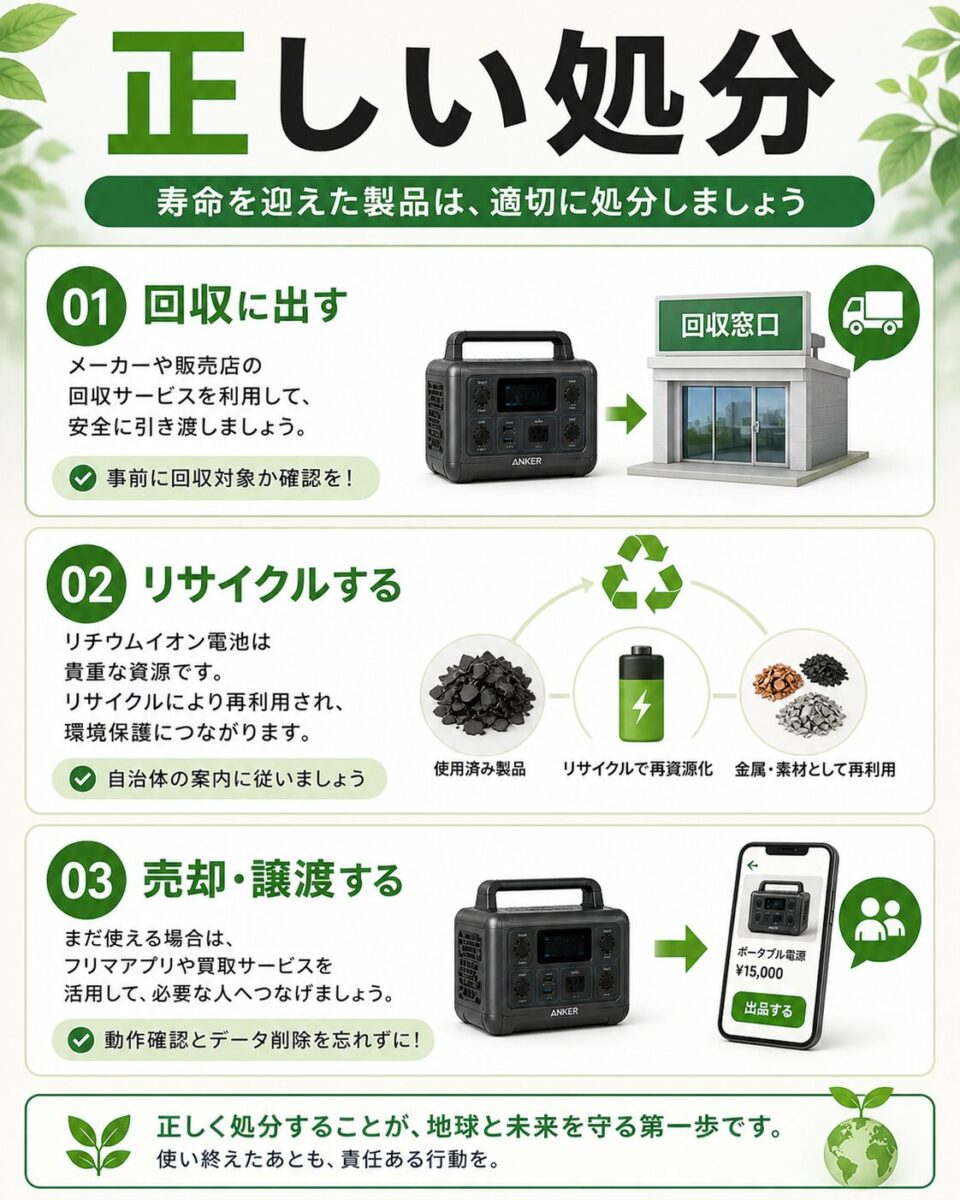 寿命を迎えたポータブル電源の回収、リサイクル、売却の方法を示したエコ図解