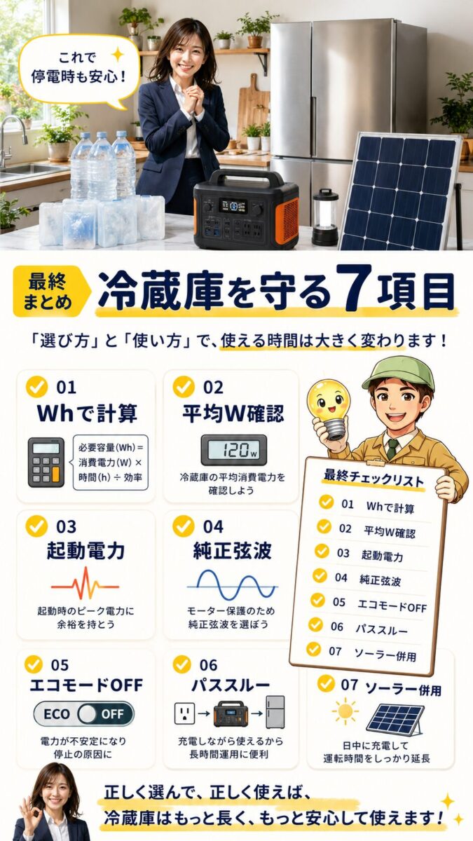 ポータブル電源で冷蔵庫を長く使うための選び方と使い方をまとめた画像