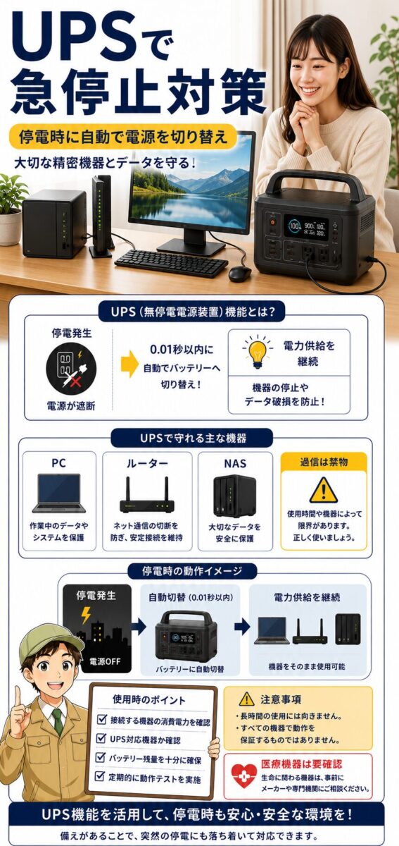 UPS機能付きポータブル電源でPCやルーターを停電から守る画像