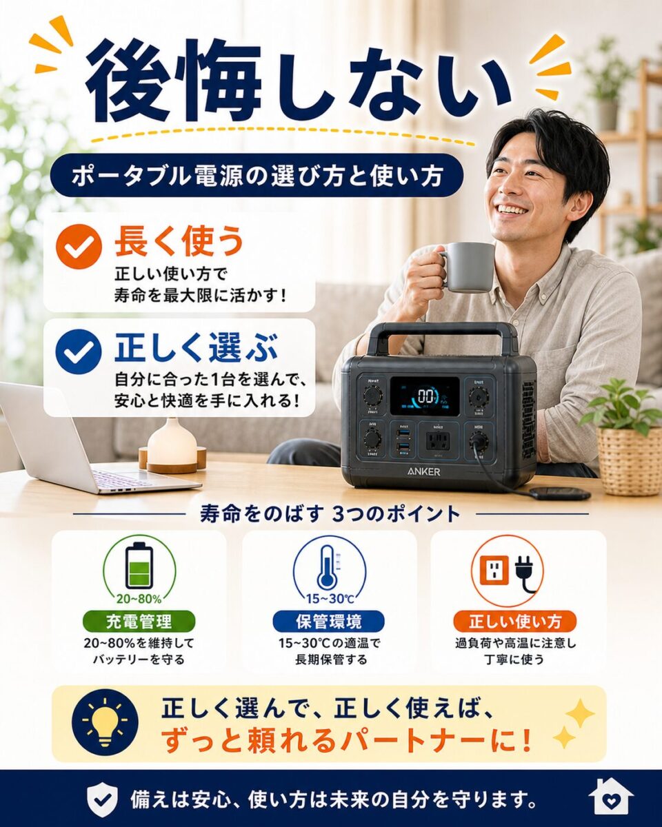 ポータブル電源を長く使うために正しく選び、正しく使うことを伝えるまとめ画像