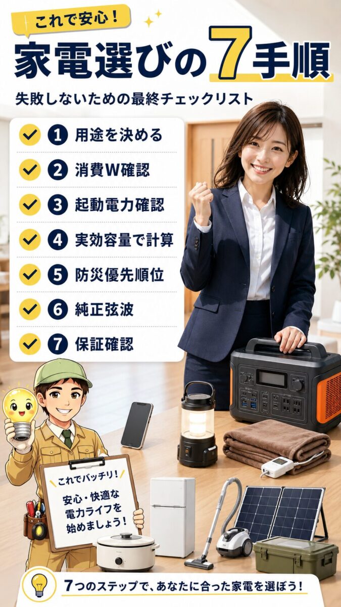 用途に合ったポータブル電源家電の導入手順をまとめた画像