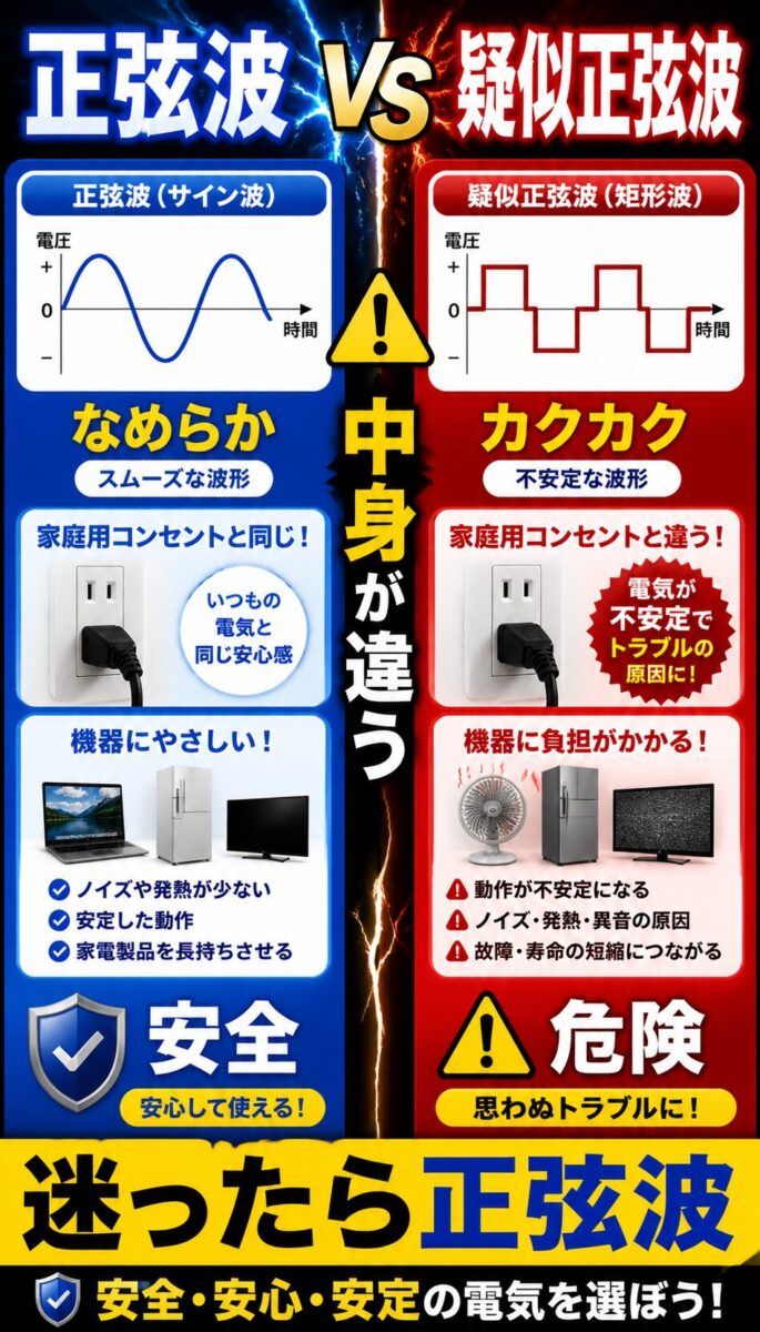 正弦波と疑似正弦波の違いを比較した図